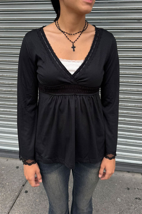 Y2K Dark Feminine Stitch Detail V-Neck Lace Trim Bell Sleeve Babydoll Top