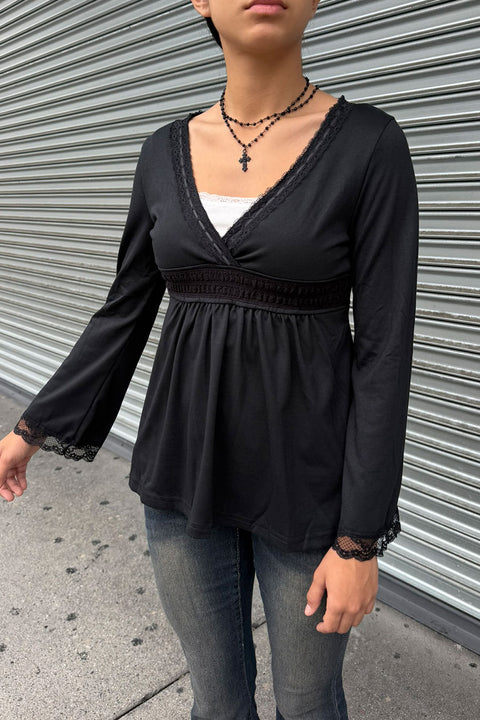 Y2K Dark Feminine Stitch Detail V-Neck Lace Trim Bell Sleeve Babydoll Top