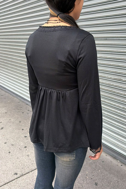 Y2K Dark Feminine Stitch Detail V-Neck Lace Trim Bell Sleeve Babydoll Top