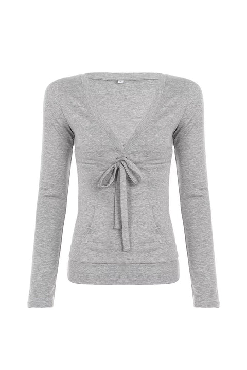 2000s Casual Tie-Front Front Pocket Long Sleeve Top