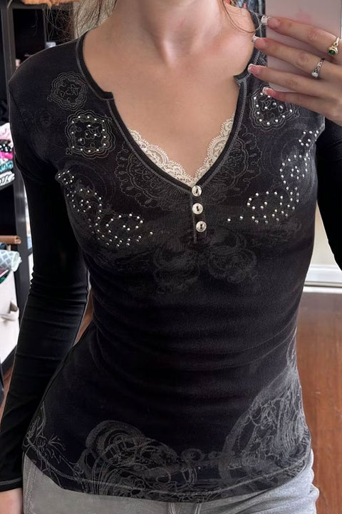 Y2K Dark Feminine Sparkly Graphic Print Lace-Trimmed Notch Neck Henley Long Sleeve Top