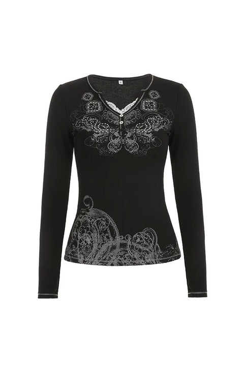 Y2K Dark Feminine Sparkly Graphic Print Lace-Trimmed Notch Neck Henley Long Sleeve Top