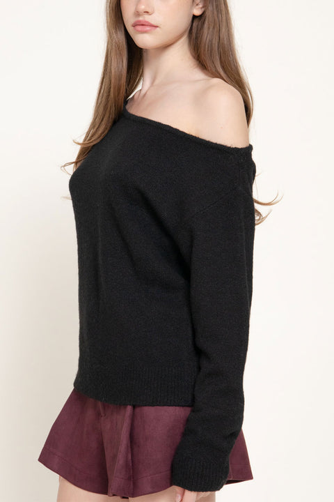 Long Sleeve One Off-The-Shoulder Relaxed Sweater Top