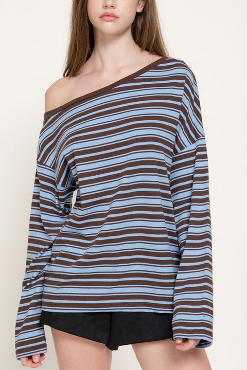 Long Sleeve One Off-The-Shoulder Stripe Cotton T-Shirt