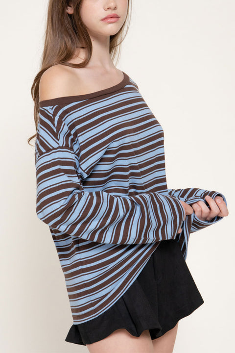 Long Sleeve One Off-The-Shoulder Stripe Cotton T-Shirt