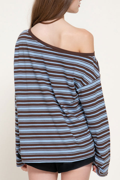 Long Sleeve One Off-The-Shoulder Stripe Cotton T-Shirt