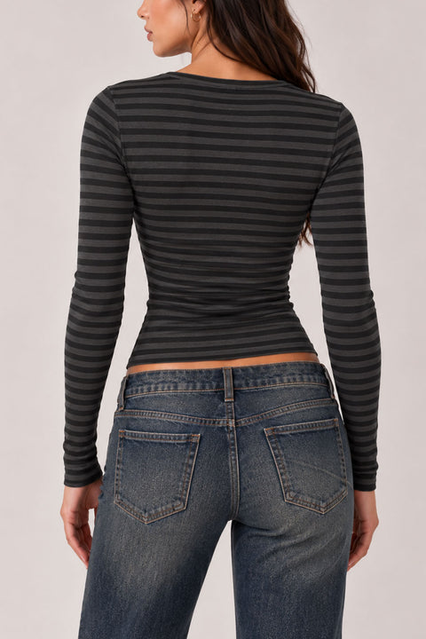 Y2K Striped Wrap-Front Long Sleeve Top