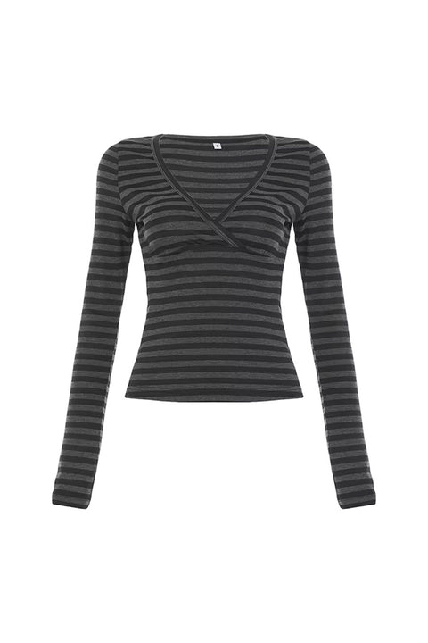 Y2K Striped Wrap-Front Long Sleeve Top