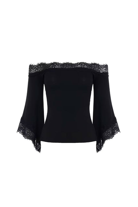 Dark Feminine Lace-Trim Off-Shoulder Bell Sleeve Top