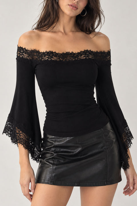 Dark Feminine Lace-Trim Off-Shoulder Bell Sleeve Top