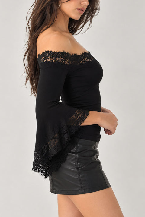 Dark Feminine Lace-Trim Off-Shoulder Bell Sleeve Top