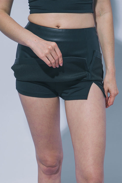 Faux Leather Side Slit Mini Skirt with Inner Shorts