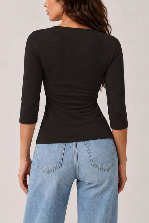 2000s Essential 3/4 Sleeve Long Sleeve Cotton-Blend Wrap Top