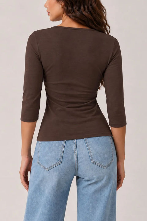 2000s Essential 3/4 Sleeve Long Sleeve Cotton-Blend Wrap Top
