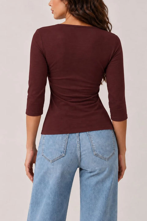 2000s Essential 3/4 Sleeve Long Sleeve Cotton-Blend Wrap Top