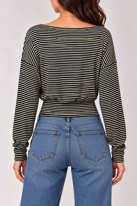 Stripped Off-The-Shoulder Fitted Band Waist Long Sleeve Top