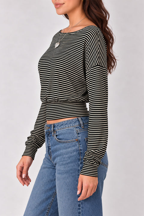 Stripped Off-The-Shoulder Fitted Band Waist Long Sleeve Top