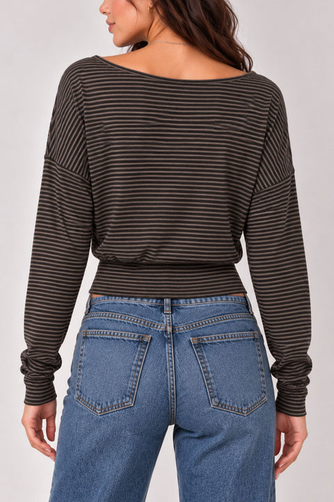 Stripped Off-The-Shoulder Fitted Band Waist Long Sleeve Top