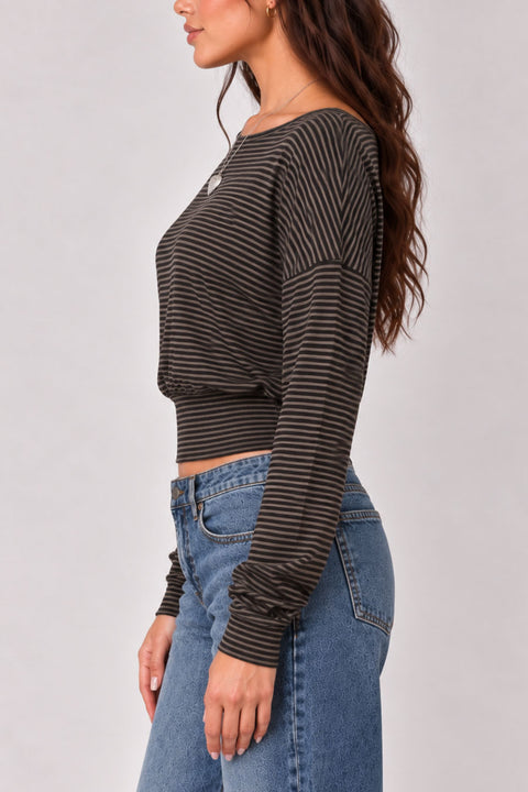 Stripped Off-The-Shoulder Fitted Band Waist Long Sleeve Top