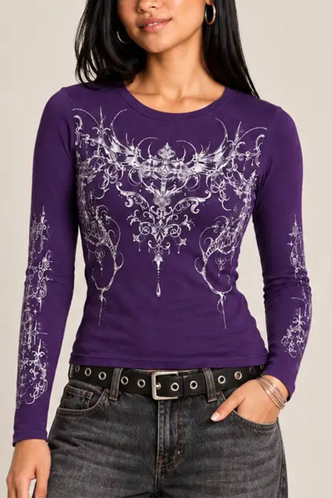 Gothic Style Cross Graphics Long Sleeve Purple Top