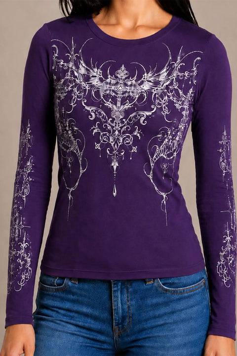 Gothic Style Cross Graphics Long Sleeve Purple Top