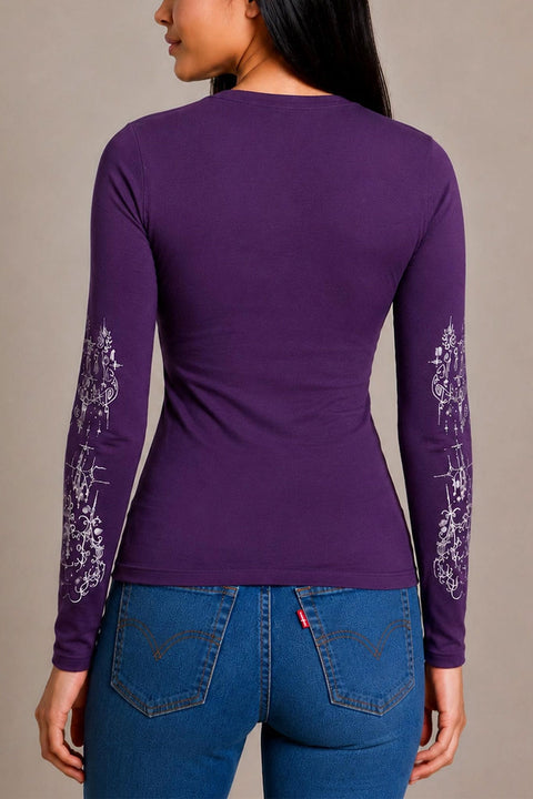 Gothic Style Cross Graphics Long Sleeve Purple Top