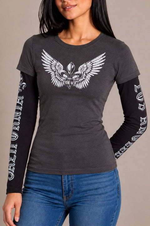 Winged Fleur De Lis Layered Long Sleeve Tee