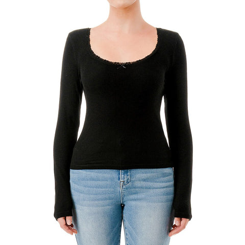 Brushed Rib Knit Scoop Neck Long Sleeve Top With Lace Trim And Bow