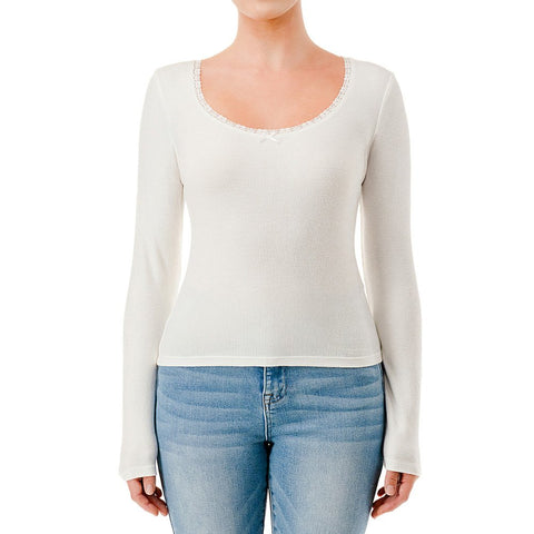 Brushed Rib Knit Scoop Neck Long Sleeve Top With Lace Trim And Bow