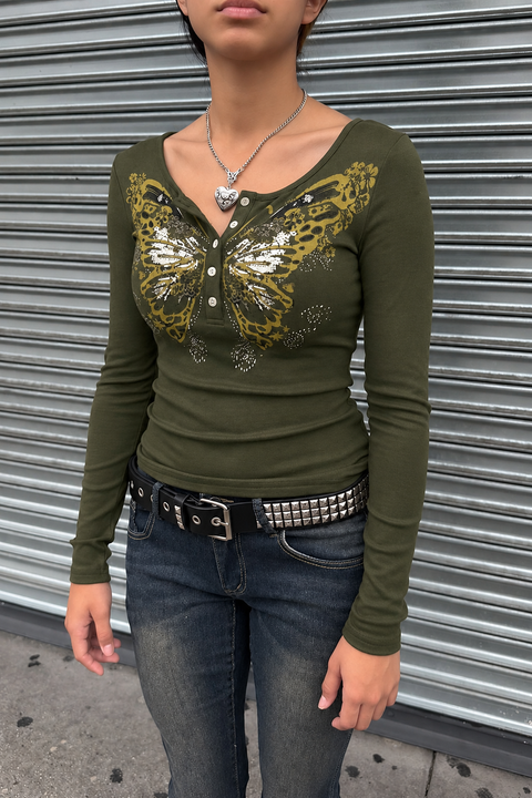 2000s Fairycore Butterfly Print Henley Long Sleeve Top