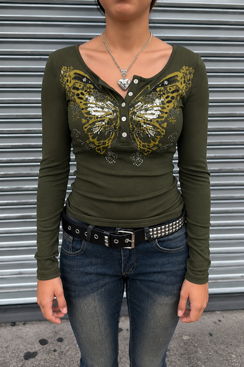 2000s Fairycore Butterfly Print Henley Long Sleeve Top