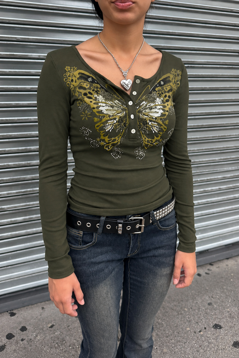 2000s Fairycore Butterfly Print Henley Long Sleeve Top