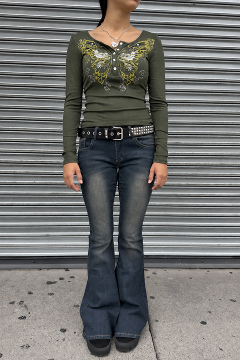 2000s Fairycore Butterfly Print Henley Long Sleeve Top