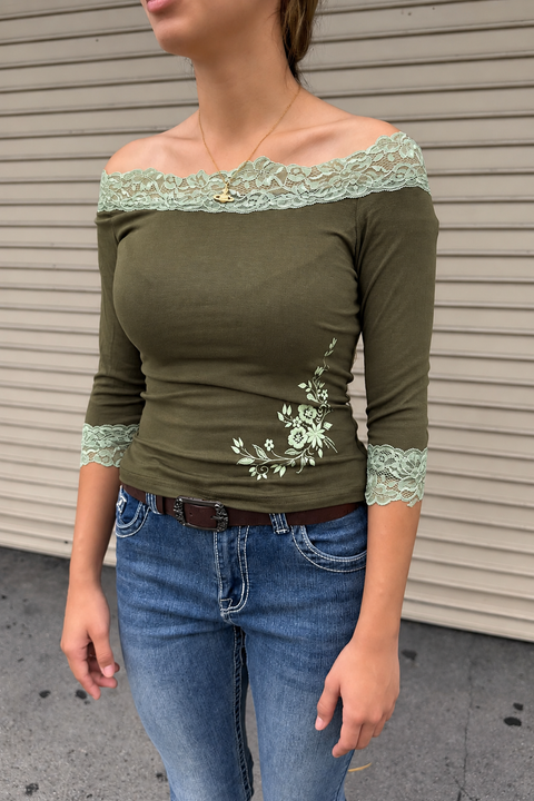 2000s Romantic Grunge Olive Lace Floral Off-Shoulder 3/4 Sleeve Top
