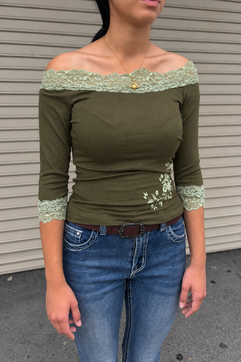 2000s Romantic Grunge Olive Lace Floral Off-Shoulder 3/4 Sleeve Top