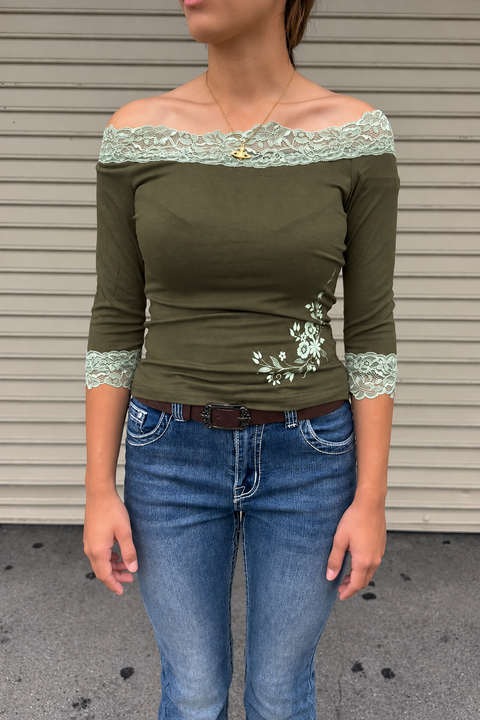 2000s Romantic Grunge Olive Lace Floral Off-Shoulder 3/4 Sleeve Top