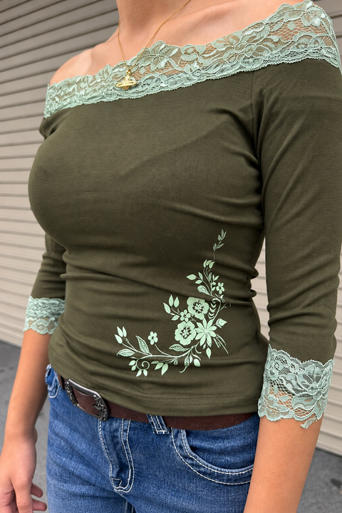 2000s Romantic Grunge Olive Lace Floral Off-Shoulder 3/4 Sleeve Top