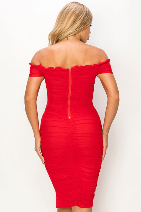 HyperBees Signature Mesh Double-Layer Ruffle Off-The-Shoulder Midi Bodycon Dress with Side Slit