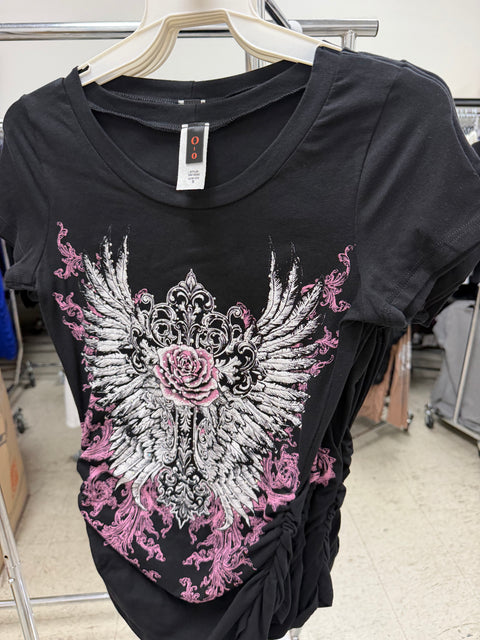 Y2K McBling Pink Rose & Wing Rhinestone Print V-Neck Short Sleeve Side Shirred Biker Top