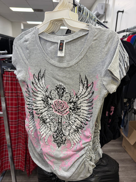 Y2K McBling Pink Rose & Wing Rhinestone Print V-Neck Short Sleeve Side Shirred Biker Top