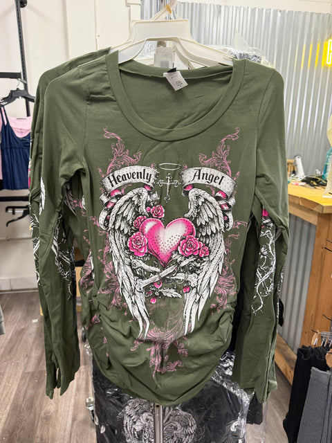 Y2K McBling Heavenly Angel Wing Graphic Rhinestone Print Side Shirred Long Sleeve T-Shirt