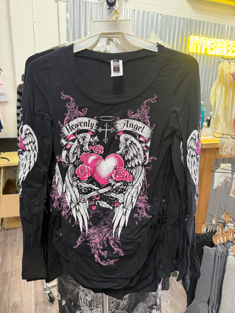 Y2K McBling Heavenly Angel Wing Graphic Rhinestone Print Side Shirred Long Sleeve T-Shirt