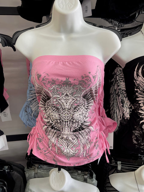 Y2K McBling Cross & Angel Wing RhineStone Print Side Shirred Tube Top Black