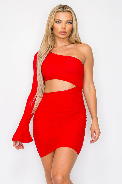 ENBE™ Mesh Double-Layer Asymmetrical One Shoulder Long Sleeve Mini Bodycon Magic Stretch Dress