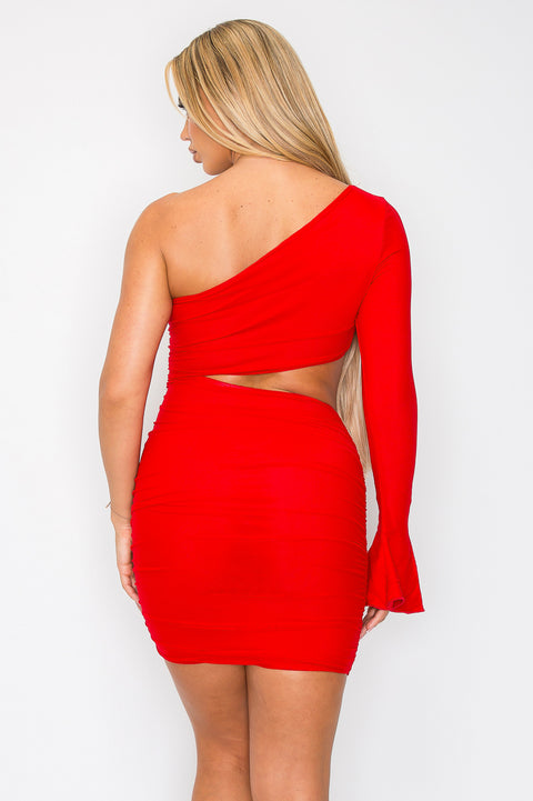 ENBE™ Mesh Double-Layer Asymmetrical One Shoulder Long Sleeve Mini Bodycon Magic Stretch Dress