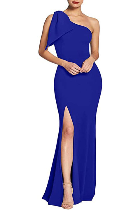 Sleeveless Bow Detail One Shoulder High Split Party Long Formal