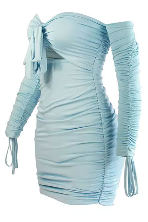 HyperBees Signature Self-Tie Tube Peasant Long Sleeve Ruched Bodycon Mini Dress