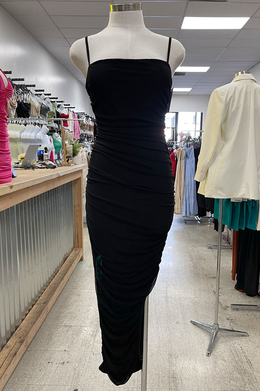 HyperBees Signature Ruched Mesh Side Slit Bodycon Long Maxi Dress