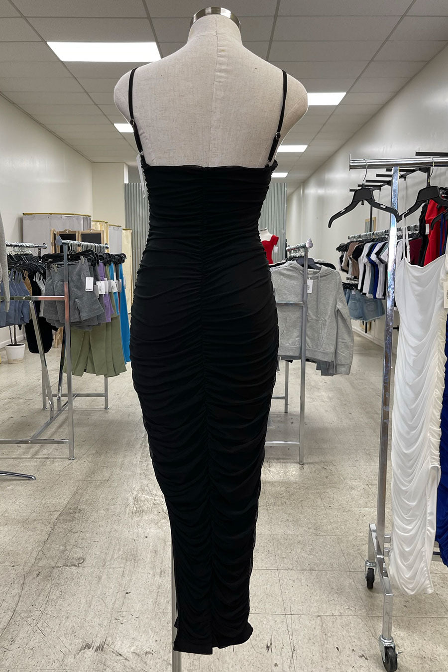 HyperBees Signature Ruched Mesh Side Slit Bodycon Long Maxi Dress