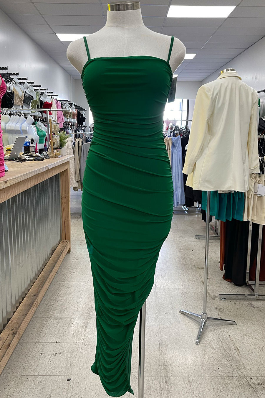 HyperBees Signature Ruched Mesh Side Slit Bodycon Long Maxi Dress